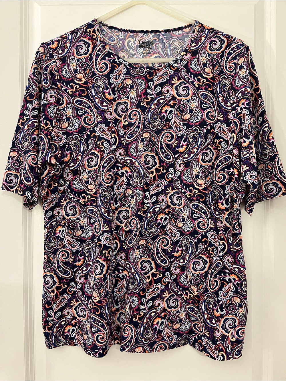 Lands' End Women's Paisley Crewneck Short Sleeve Rash Guard Swim Top -Navy Multi